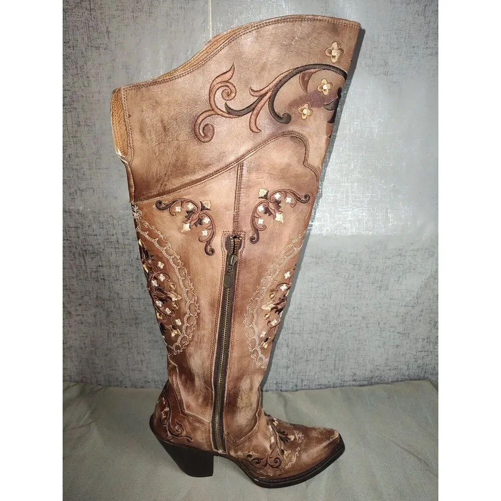 Dan Post Jilted Knee High Flower Embroidery Western Boots Sz 8.5M